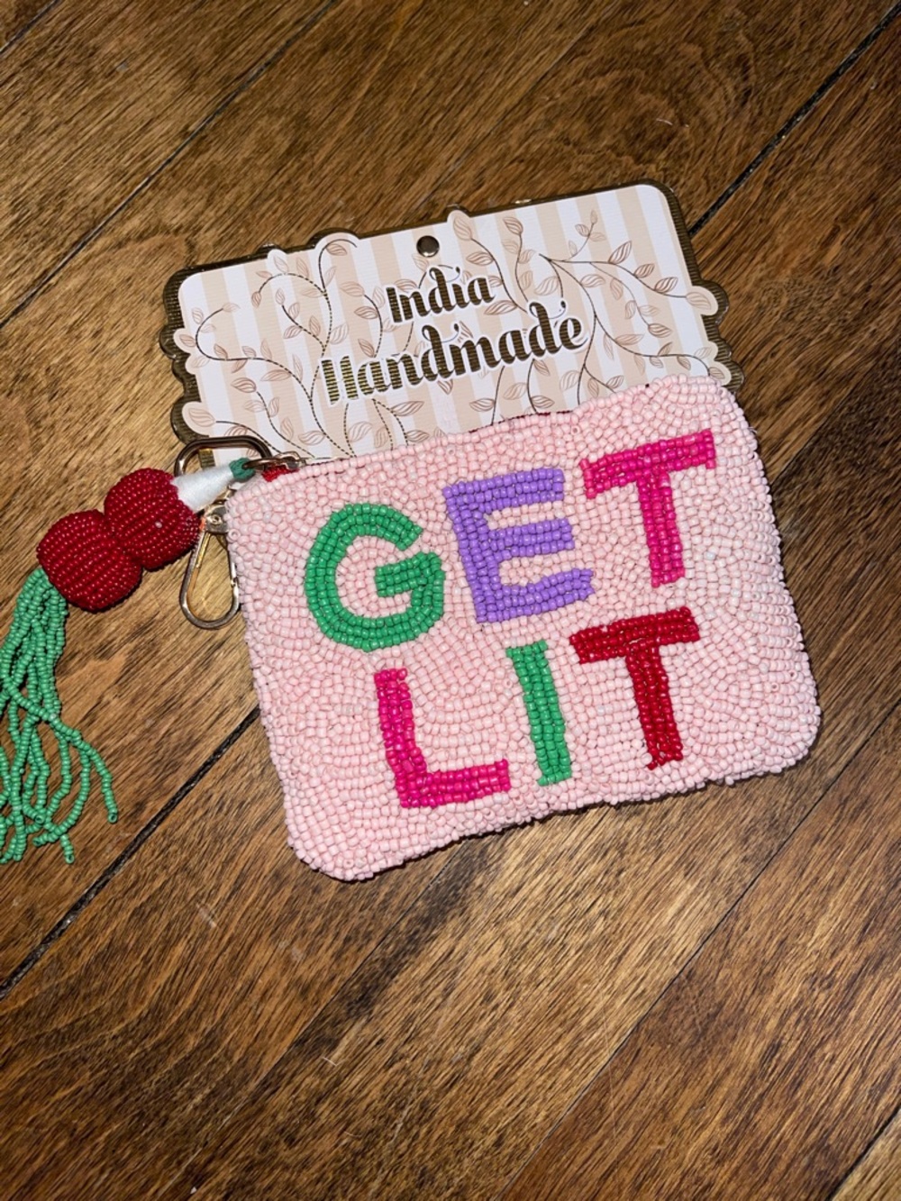NEW Handmade Beaded 'GET LIT' Pink Coin Pouch with Tassel